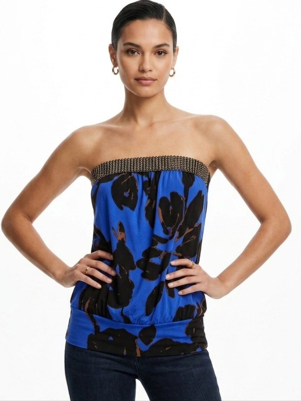 Sky Abstract Print Strapless Embellished Strapless Top In Blue/Black